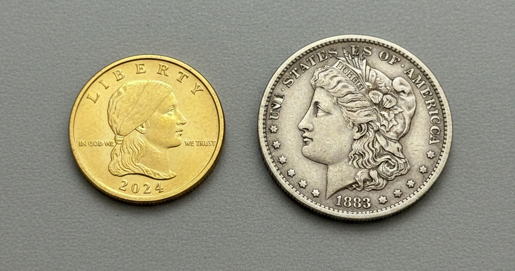 a modern dollar coin next to an old Morgan silver dollar