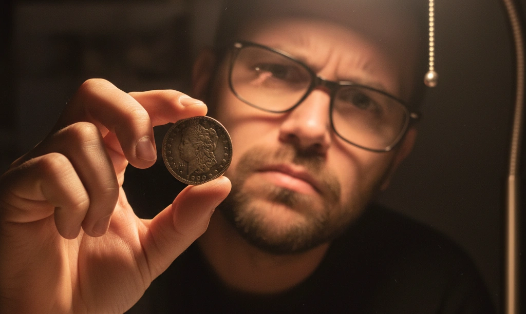 Person examining a 1980 Morgan dollar coin under a desk lamp