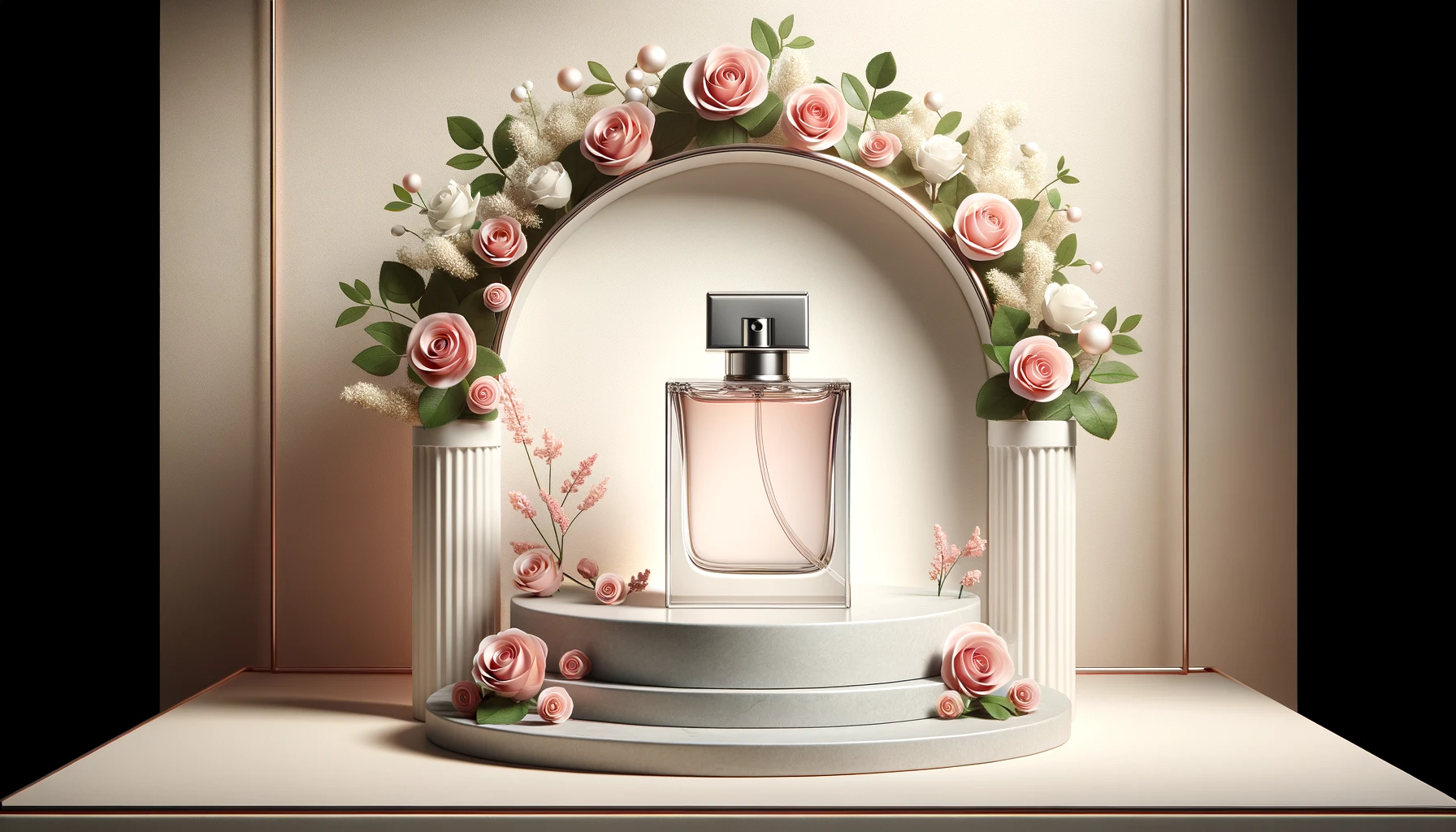 A stylish bottle of perfume stands on a white podium in the form of an arch, surrounded by small pink roses