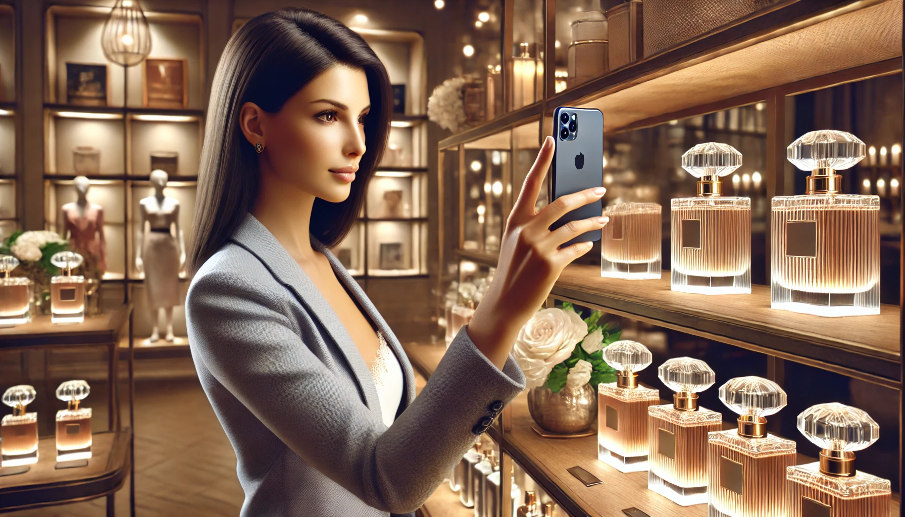 A stylishly dressed woman in a luxurious perfumery store focuses intently as she takes a photo of a perfume bottle with her smartphone.