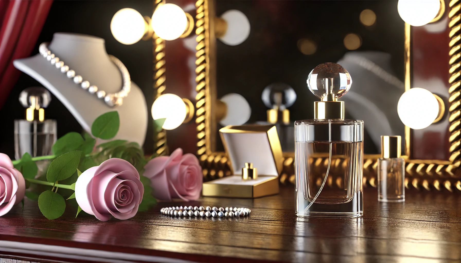 a luxurious perfume bottle displayed on an elegant vanity table, surrounded by roses, jewelry, and soft lighting, perfect for a formal event fragrance.