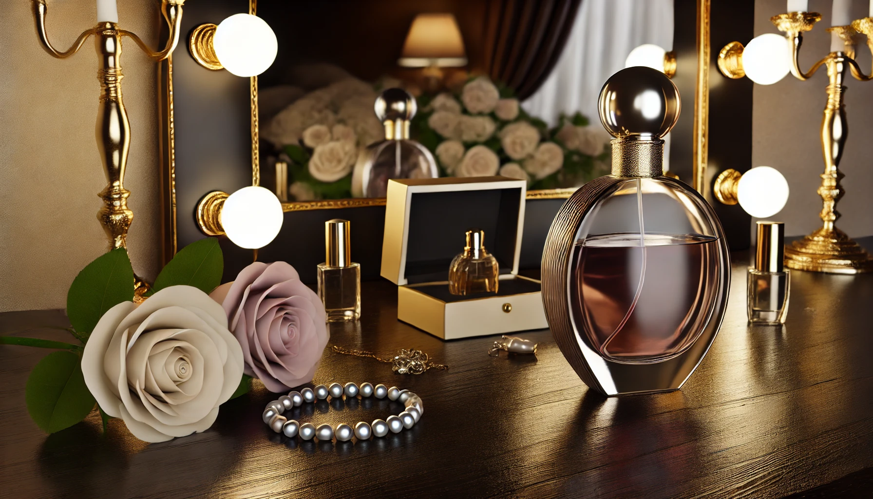 a luxurious perfume bottle displayed on an elegant vanity table, surrounded by roses, jewelry, and soft lighting, perfect for a formal event fragrance.