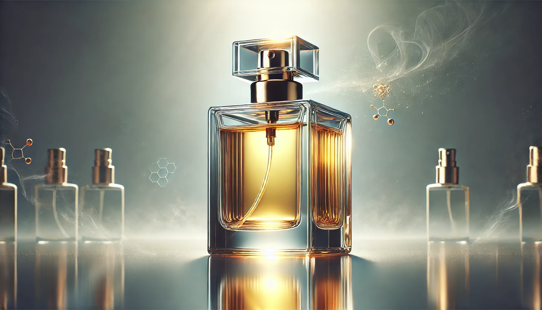 a luxurious perfume bottle set on a clean, reflective surface.