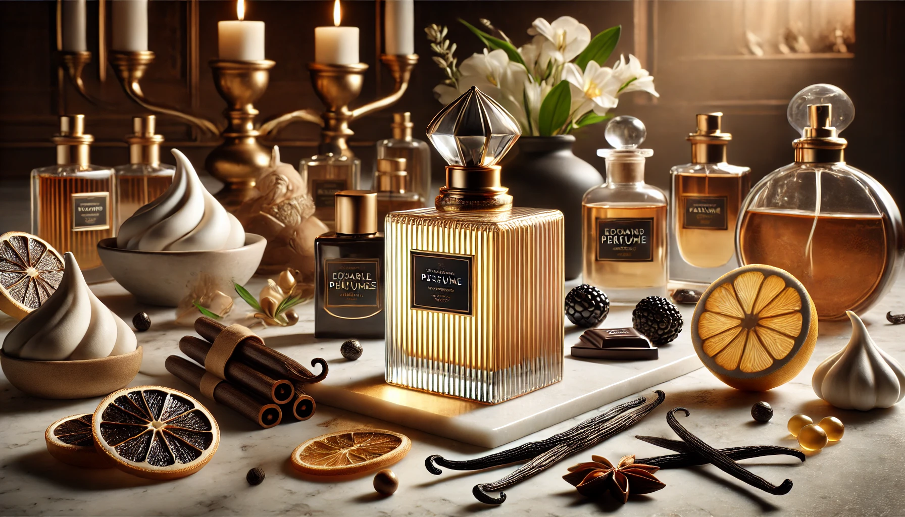 a luxurious perfume bottle placed on a marble countertop surrounded by elements that represent edible perfumes and gourmand fragrances.