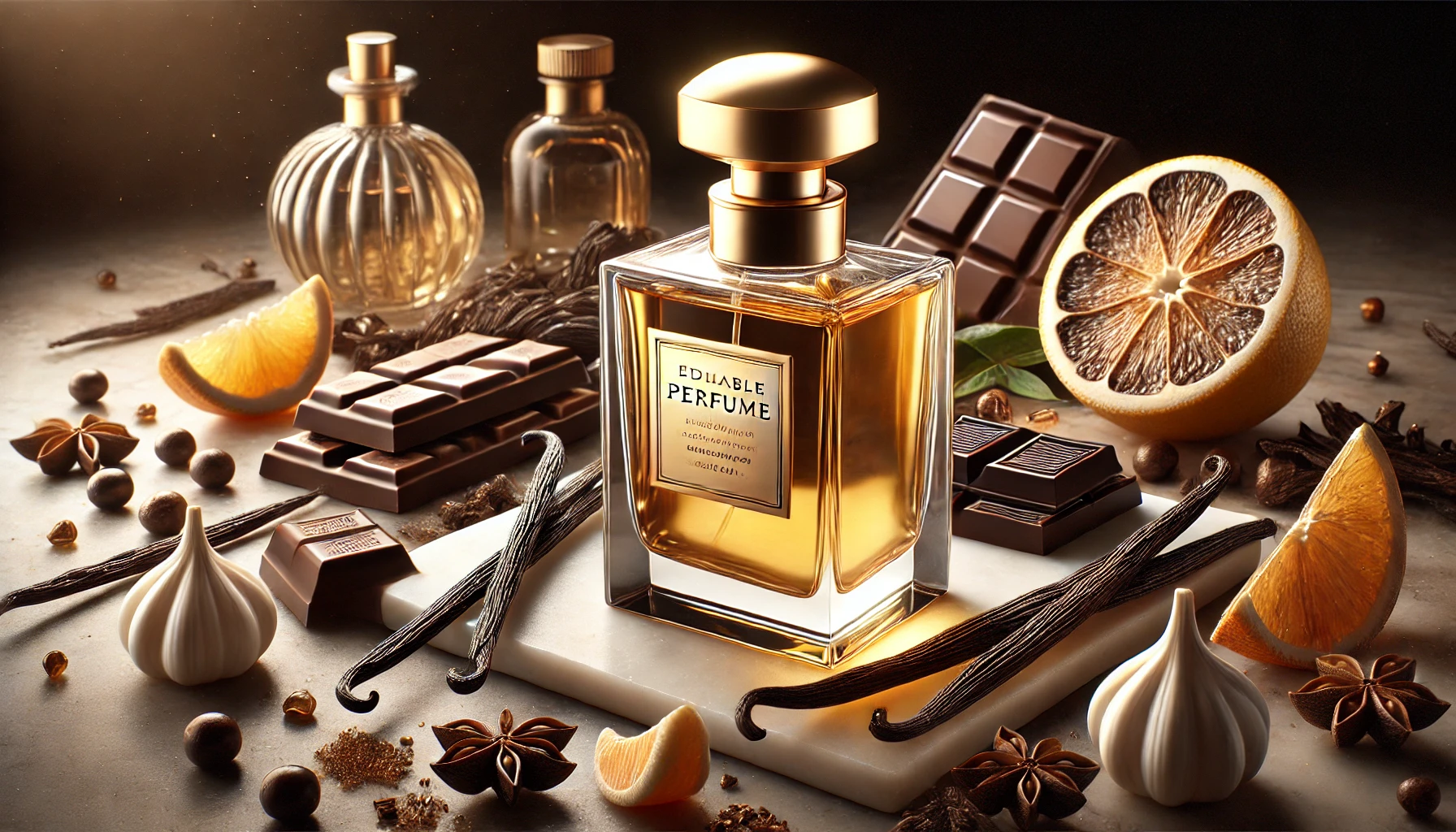 a luxurious perfume bottle placed on a marble countertop surrounded by elements that represent edible perfumes and gourmand fragrances.