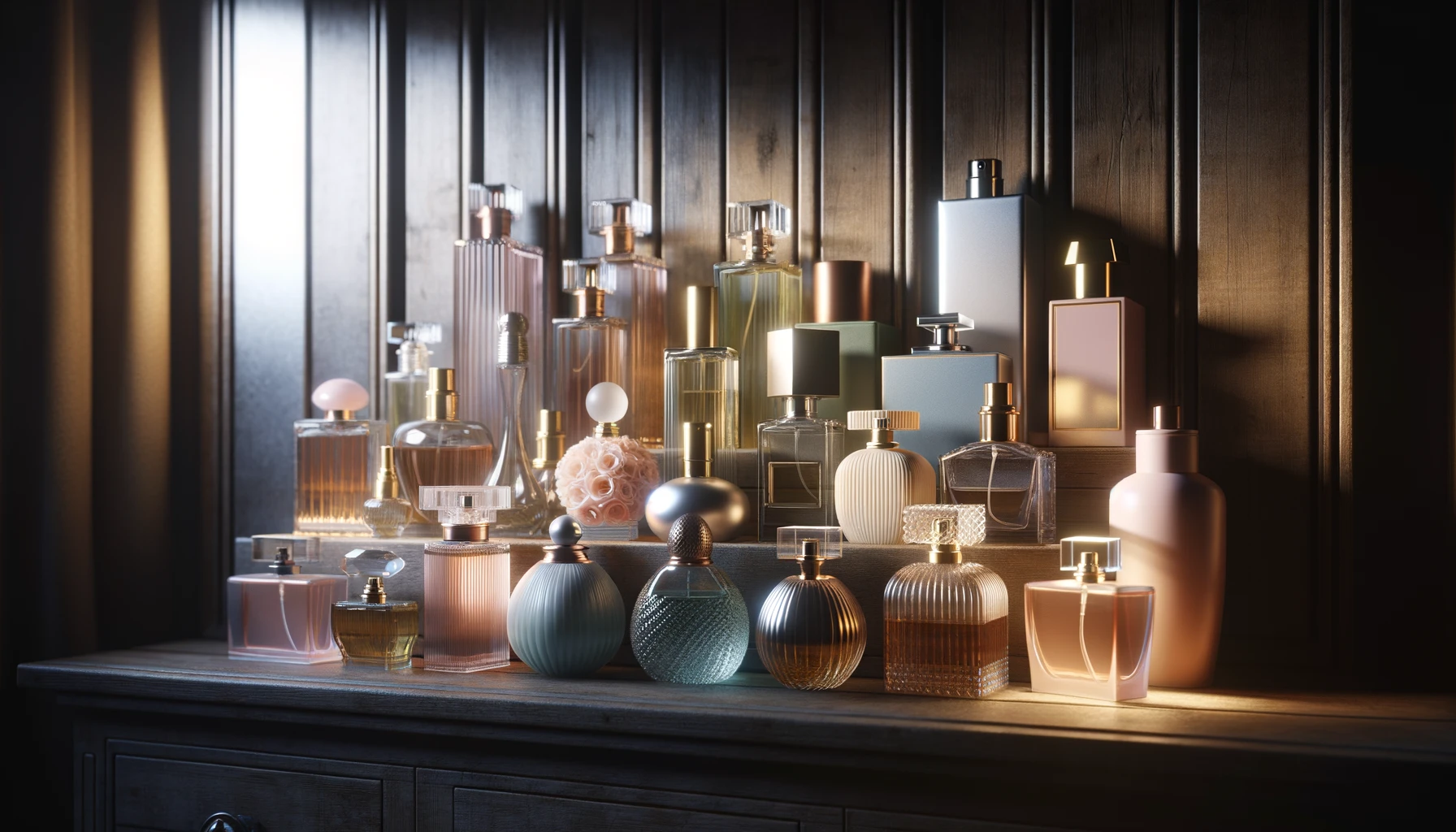 a collection of perfume bottles stored properly on a wooden shelf in a cool, dark place.