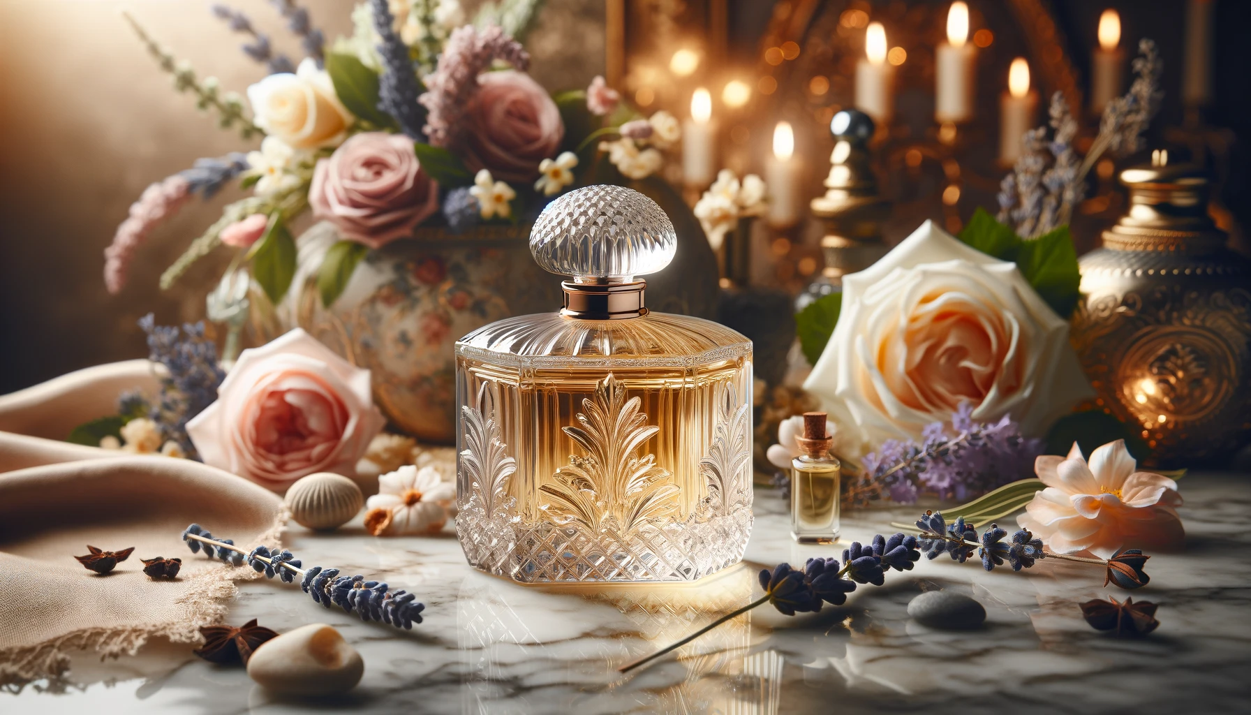 An elegant perfume bottle placed on a marble countertop, surrounded by fragrant flowers such as roses, jasmine, and lavender.