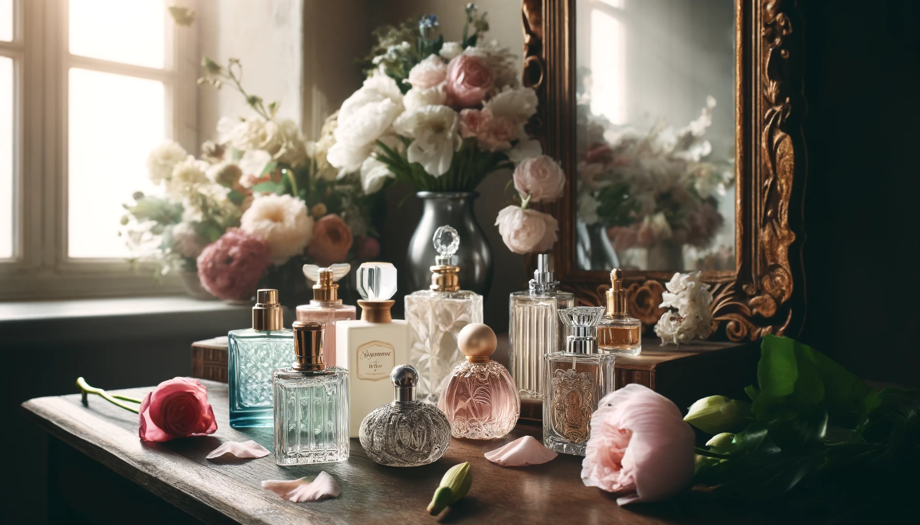 A stylish perfume display on a wooden vanity, featuring various perfume bottles of different shapes and colors.