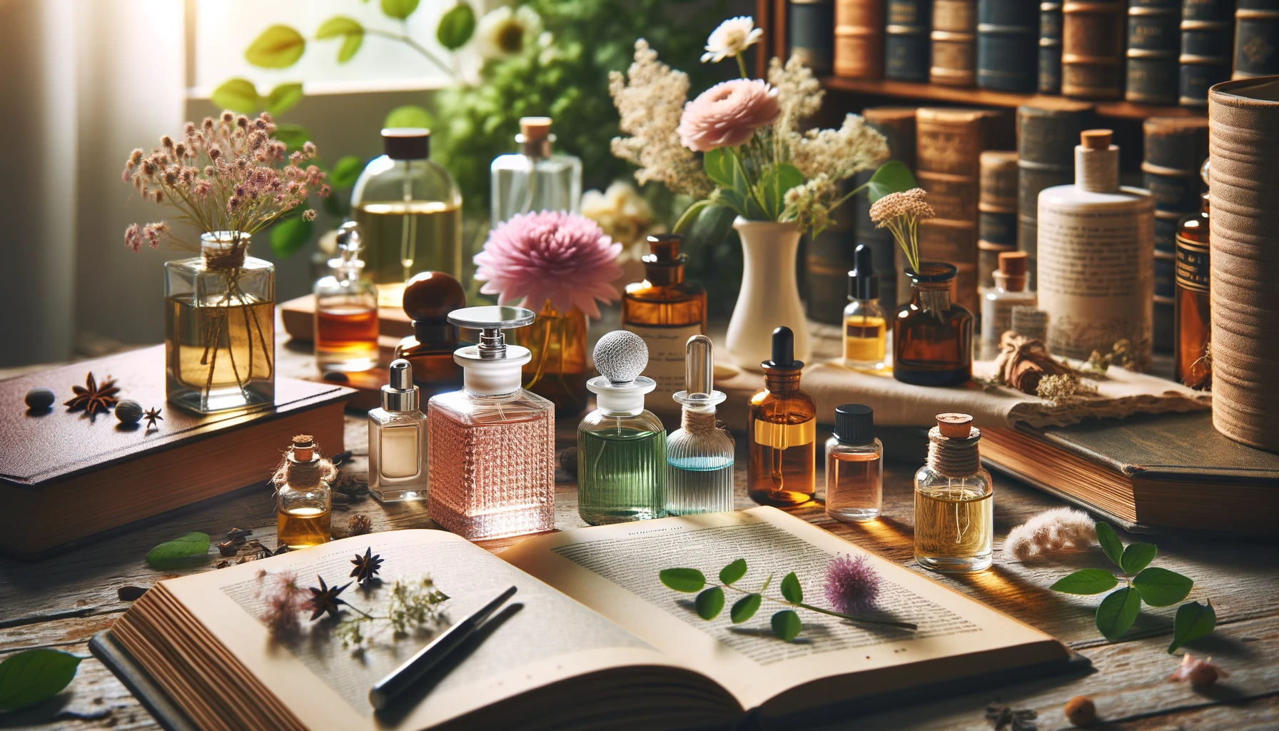 A detailed view of various perfume bottles and essential oil vials on a wooden table.