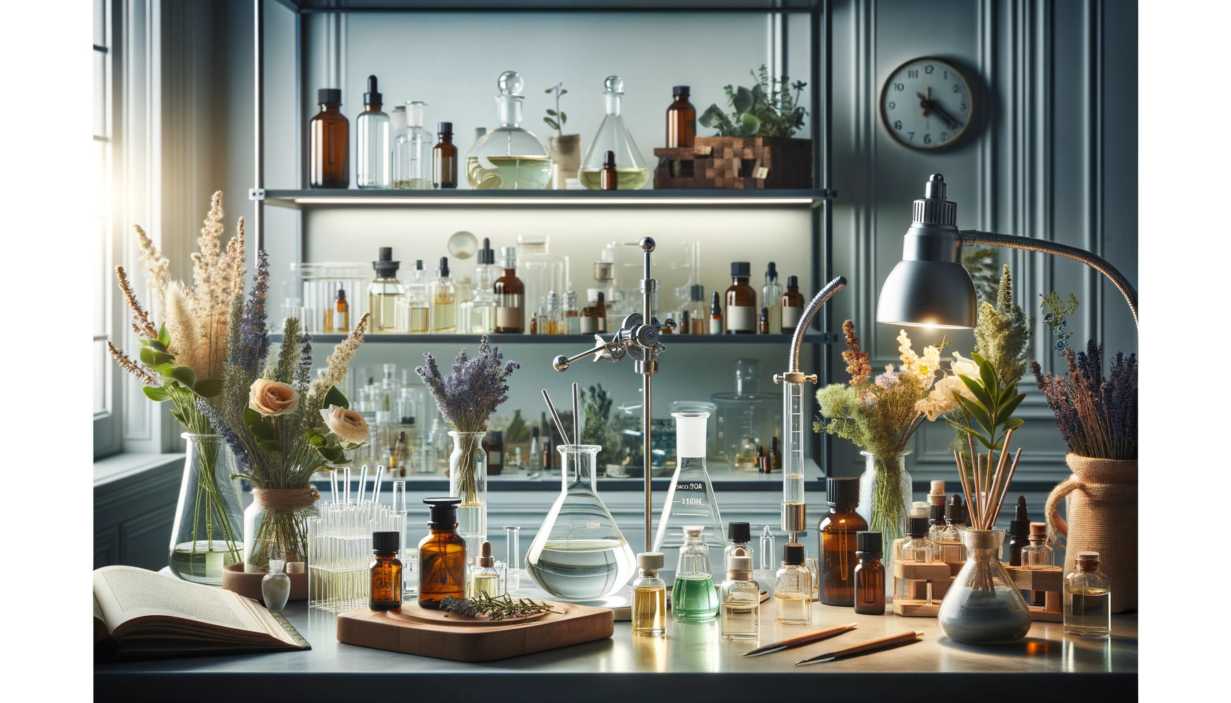 A sophisticated laboratory setting with glass beakers, test tubes, and scientific instruments used for fragrance creation.
