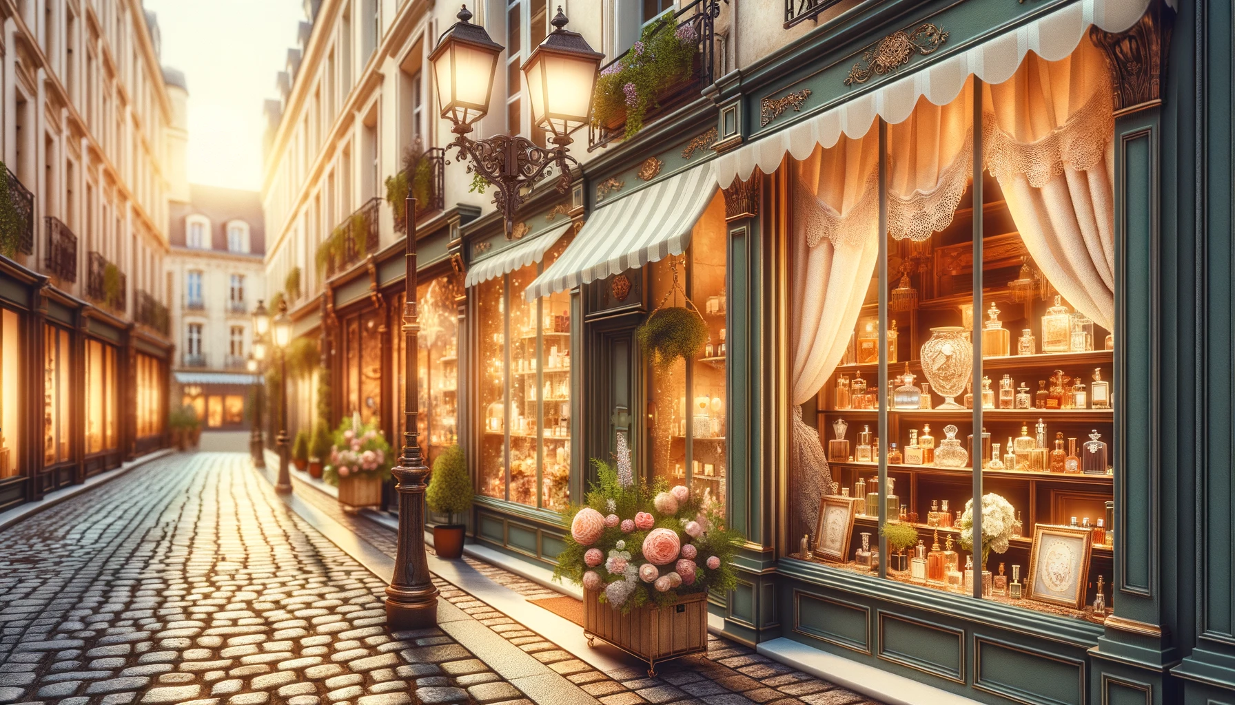 A picturesque cityscape featuring a quaint street lined with elegant perfumery boutiques.