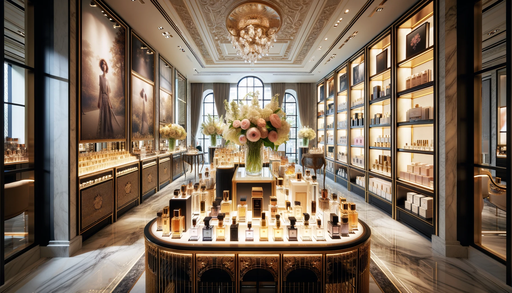 An elegant perfume store interior featuring beautifully arranged perfume bottles on glass shelves.