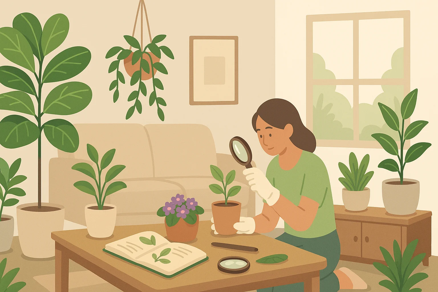 A living room filled with standing and hanging plants.