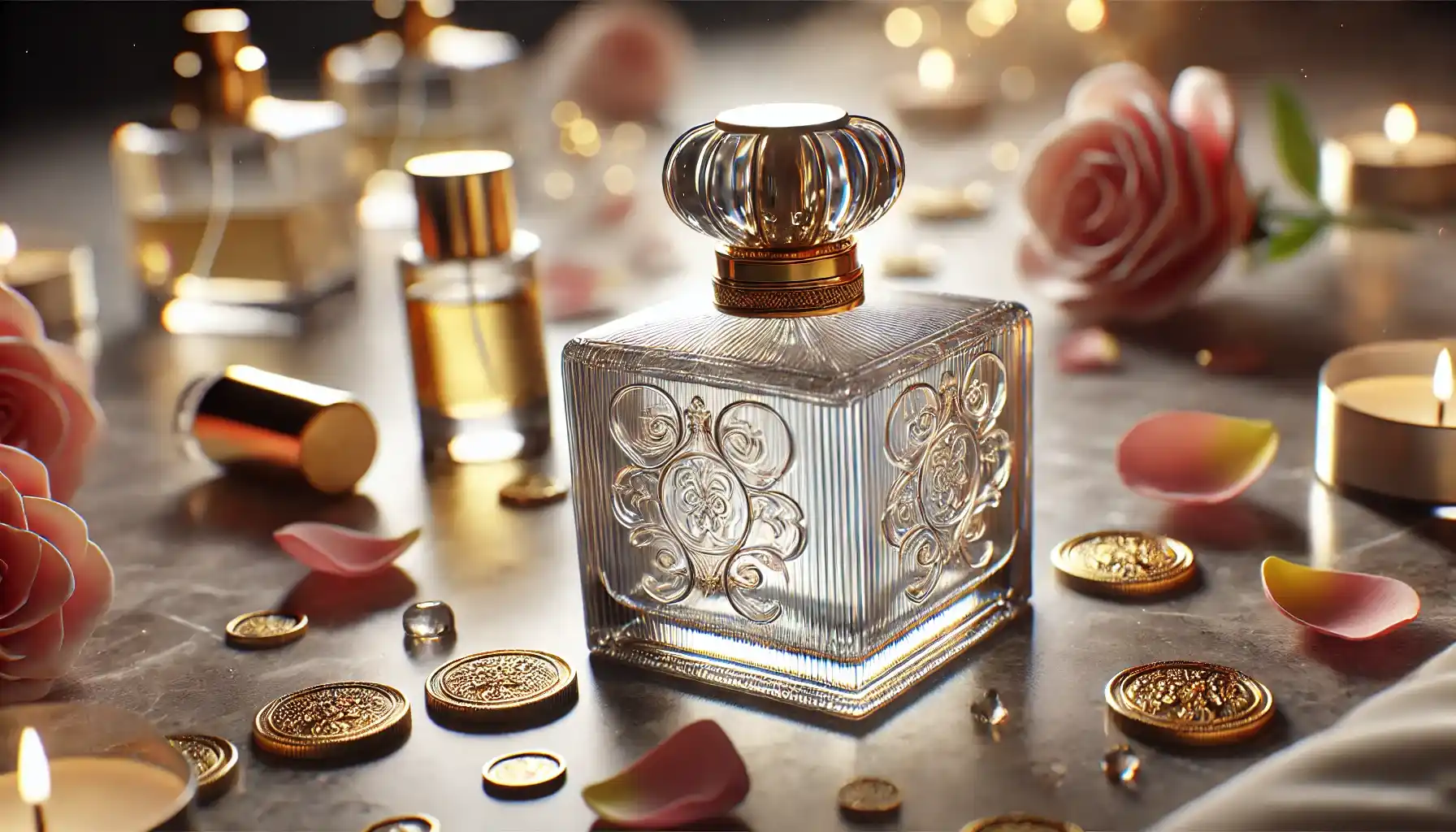 a luxurious perfume bottle placed on a smooth marble surface.