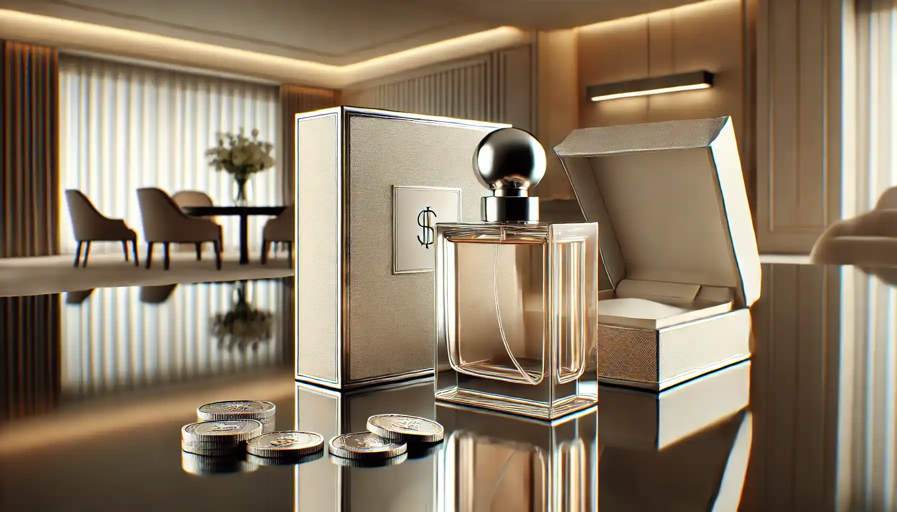 a luxury perfume bottle and an open perfume box placed on a reflective glass table. The bottle has a metallic cap, and the box is printed with premium branding.