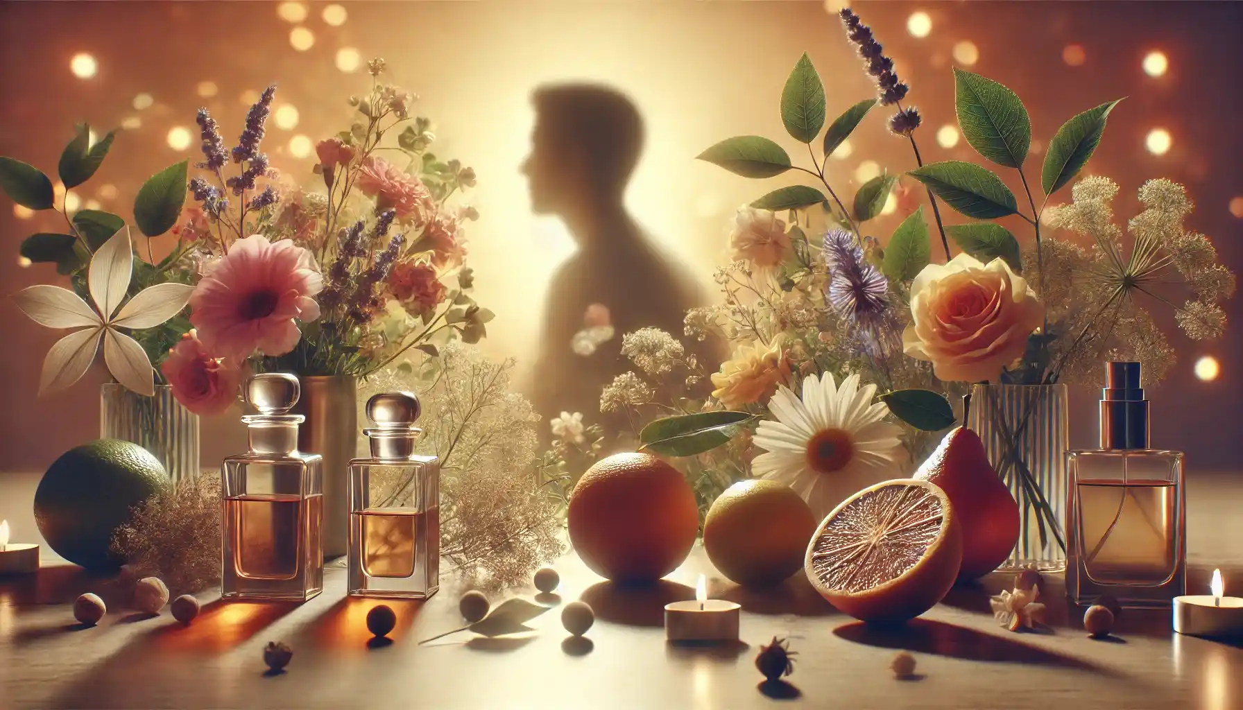 a person surrounded by nostalgic scents, including flowers, citrus fruits, and aromatic spices, in a soft, dreamy environment.