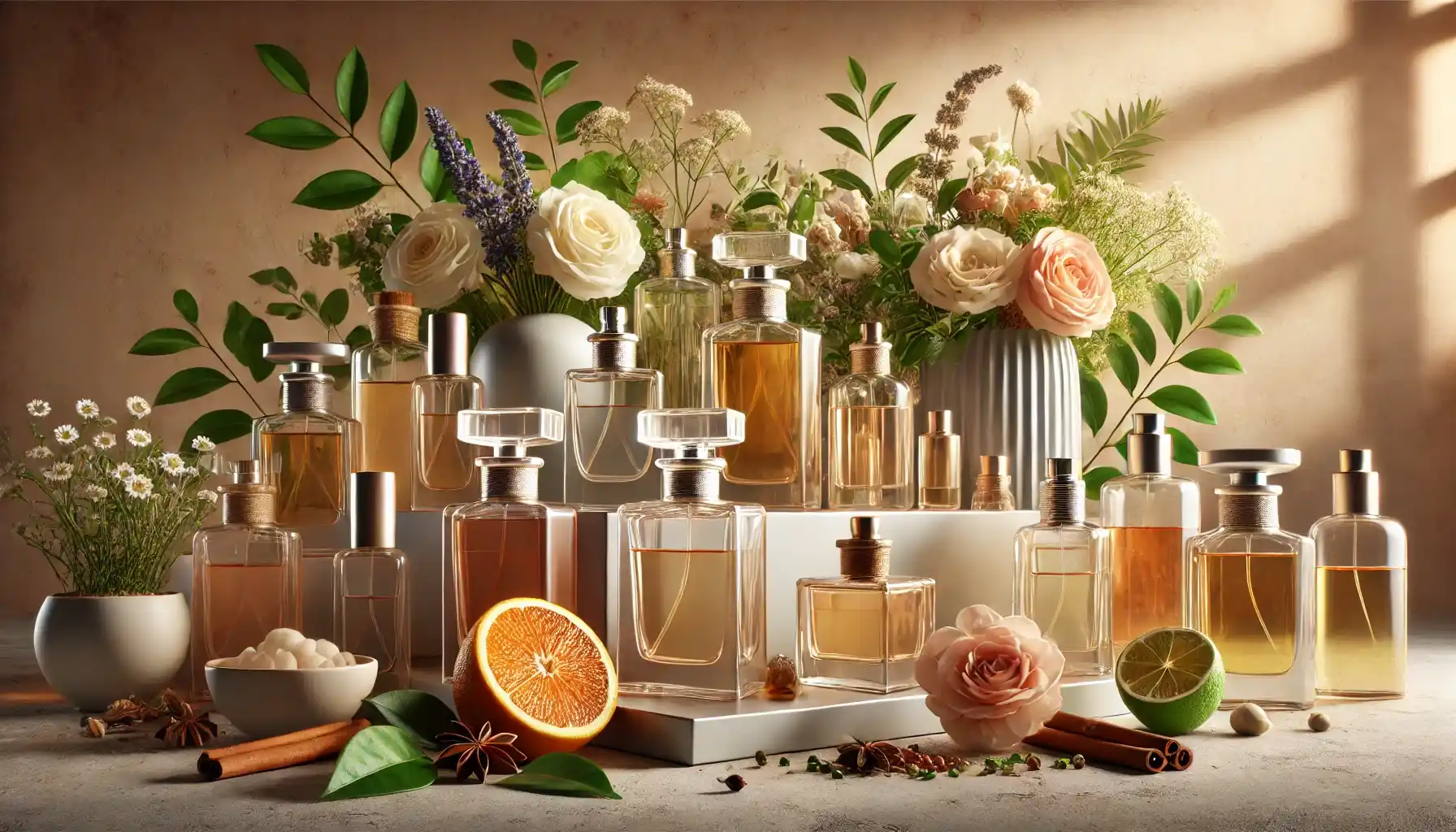 a modern perfume display showcasing various bottles arranged elegantly alongside fresh flowers, spices, and citrus fruits.