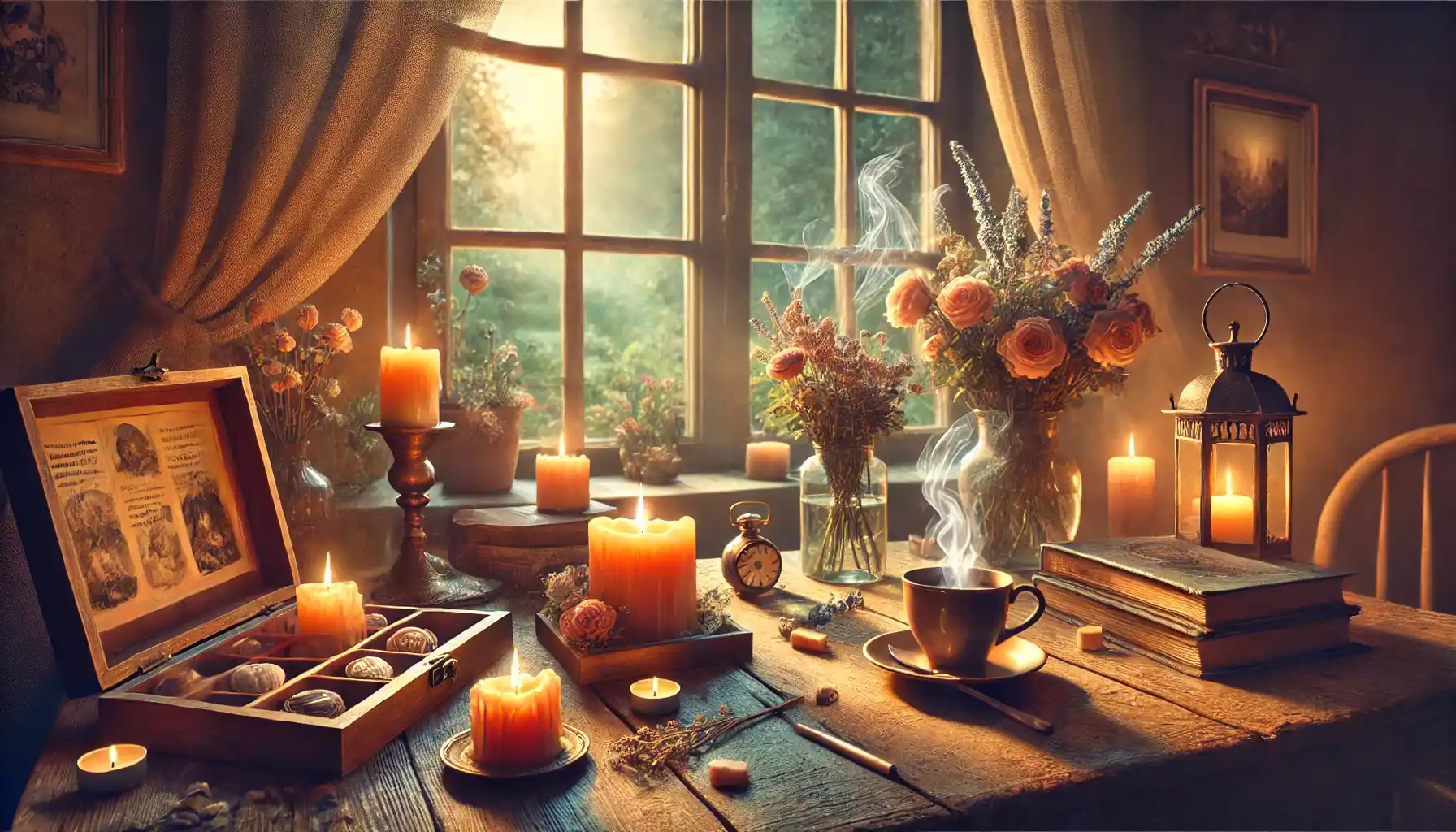 a cozy room filled with nostalgic elements, including a table with scented candles, fresh flowers, and a steaming cup of coffee.