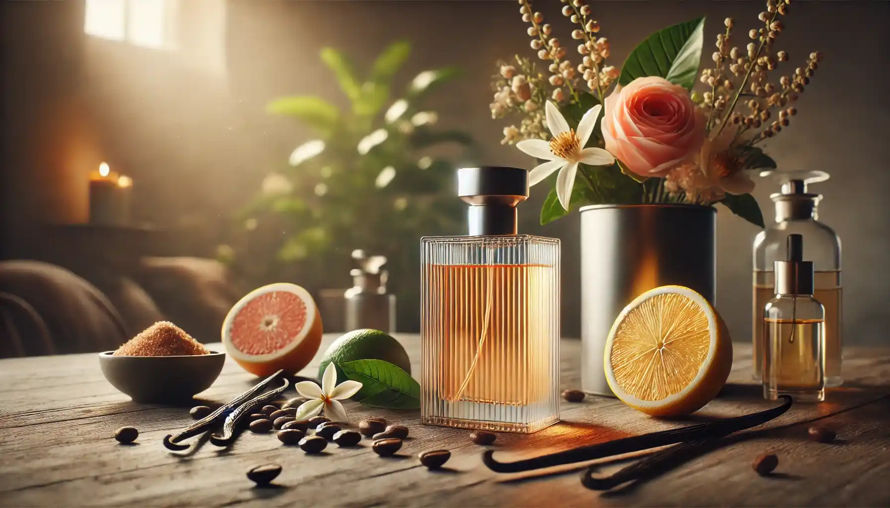 a modern perfume bottle placed on a table surrounded by aromatic ingredients like fresh citrus slices, coffee beans, vanilla pods, and flowers.
