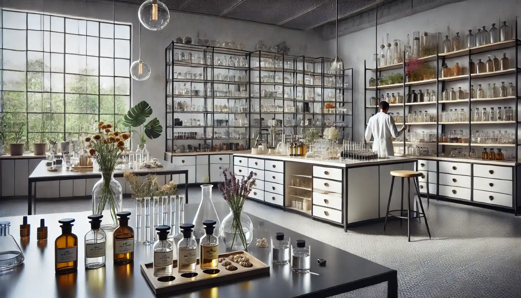 a modern luxury perfume laboratory, showcasing high-quality glassware, aromatic ingredients, and professional perfumers blending fragrances.
