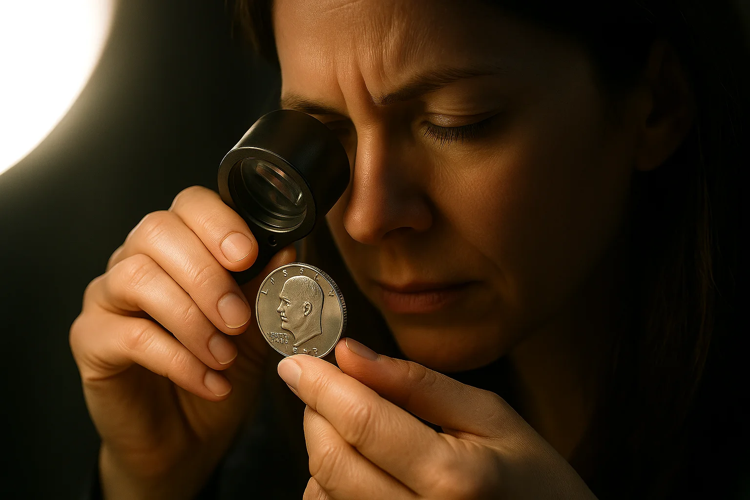 A woman examines a coin under a professional magnifier and strong lighting, searching for hidden details and potential features.
