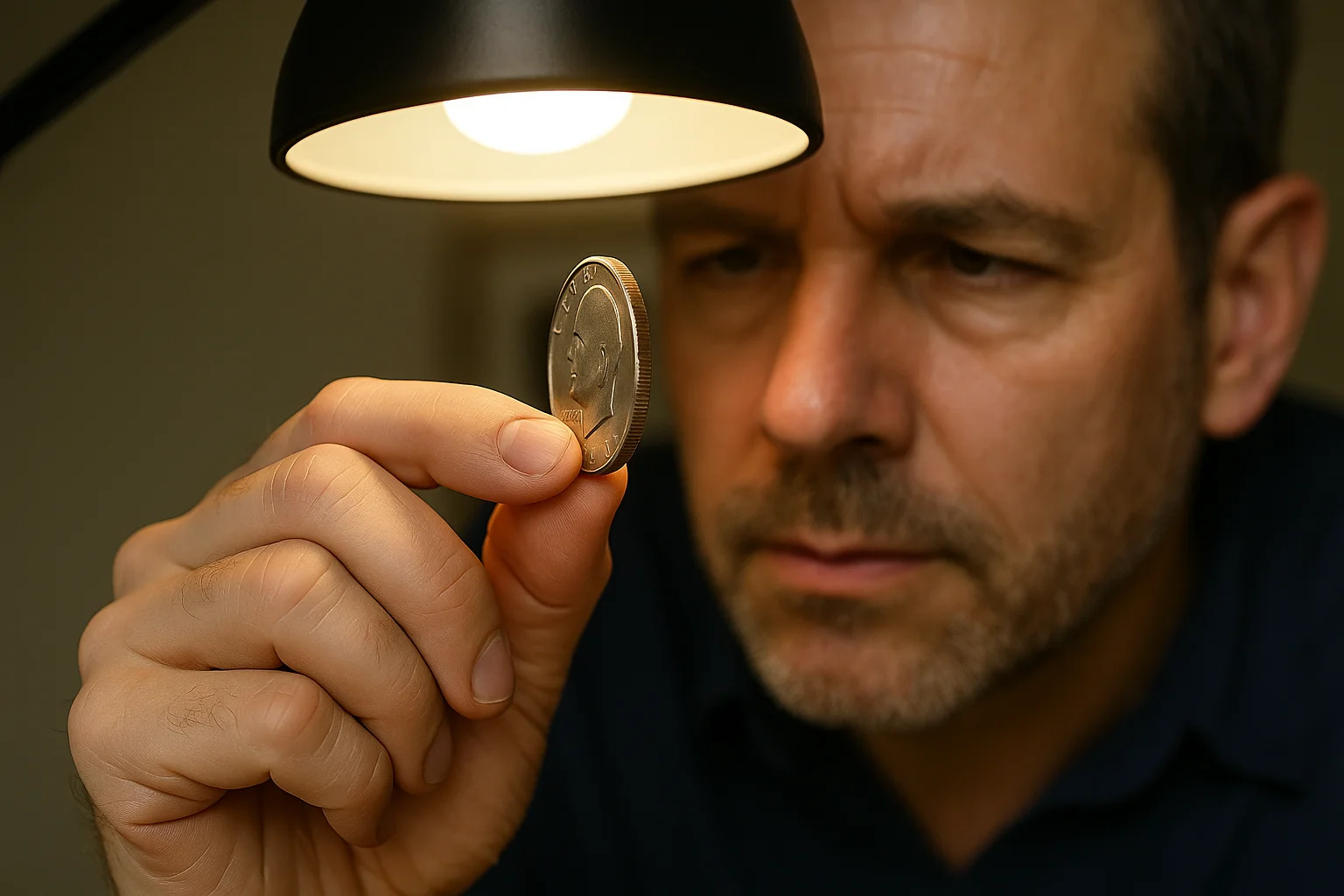 A man carefully inspects the edge of a 1971 Eisenhower dollar under bright light, checking for the telltale copper stripe.