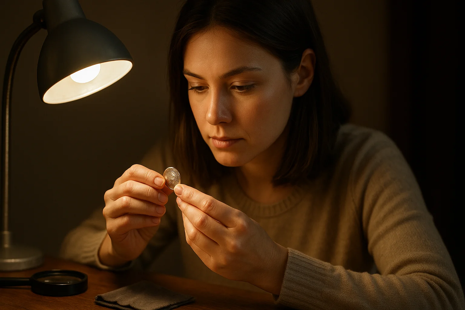 A young collector gently rotates a coin under a side lamp, examining the strike details with focused attention while a loupe and soft cloth rest on the table.