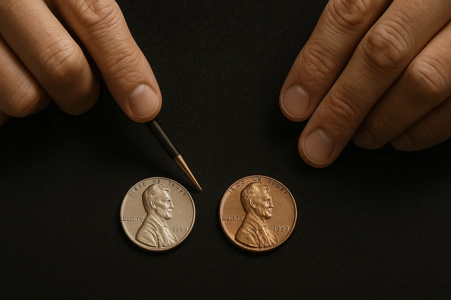 A collector uses a thin pointer to compare two coins on a dark surface, highlighting the difference between a weak strike and visible circulation wear.