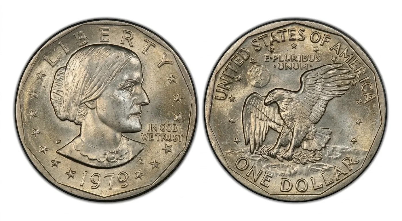 Detailed close-up of a 1979 silver dollar highlighting surface texture and wear
